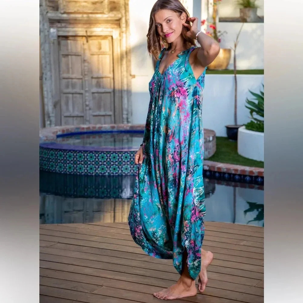 BALI PREMA Gypsy Beachy Wide Leg Jumpsuit in Bahamas Teal‎ Rainbow Paisley